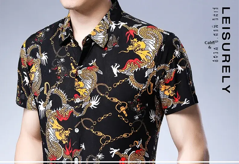 Beach Dragon Print Shirt for Men Black Short Sleeve — feature 7