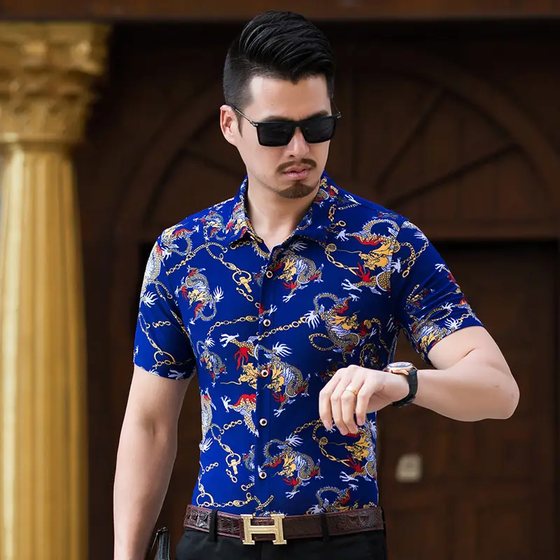 Beach Dragon Print Shirt for Men Black Short Sleeve - Image 2