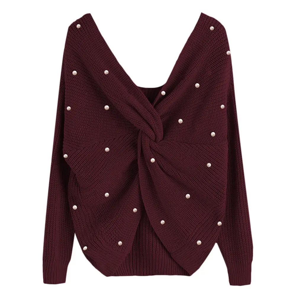 Women Cross-Border Beaded V Neck Sweater Maroon - Image 15