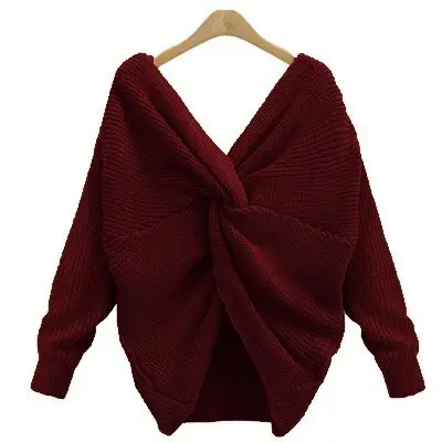 Women Cross-Border Beaded V Neck Sweater Maroon - Image 9
