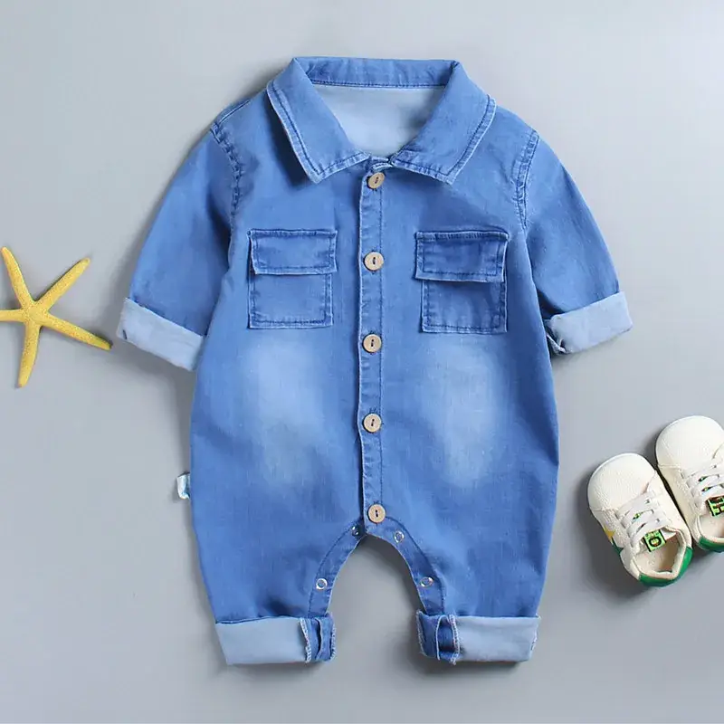 Baby Denim One-Piece Suit Blue Long Sleeve Romper - Image 5