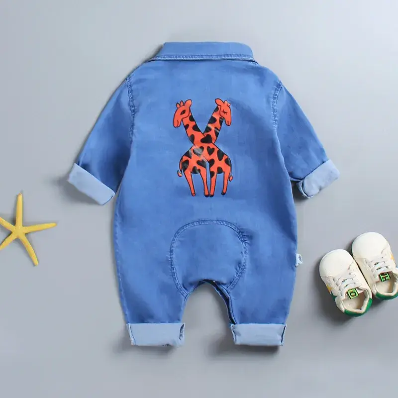 Baby Denim One-Piece Suit Blue Long Sleeve Romper - Image 6