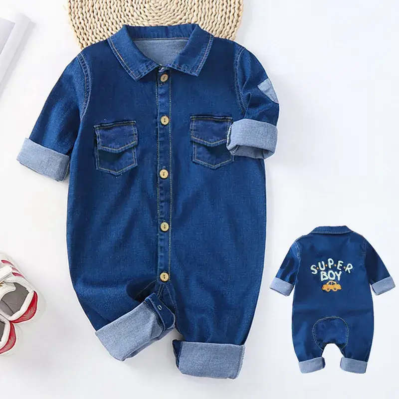 Baby Denim One-Piece Suit Blue Long Sleeve Romper - Image 2