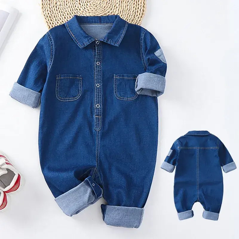 Baby Denim One-Piece Suit Blue Long Sleeve Romper - Image 3