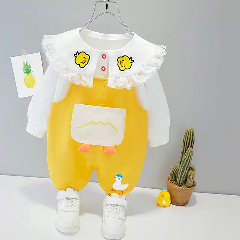 Baby Girl's Orange White Cotton Outfit with Duck Design - Image 2