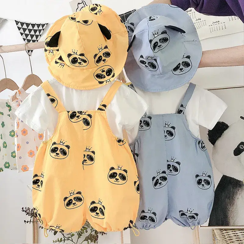 Baby Overthe Gown Shorts Set Yellow Orange Panda Print - Image 3