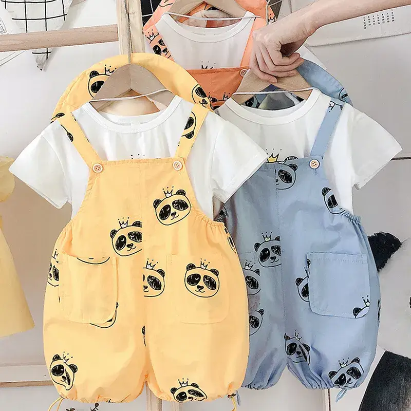 Baby Overthe Gown Shorts Set Yellow Orange Panda Print - Image 4