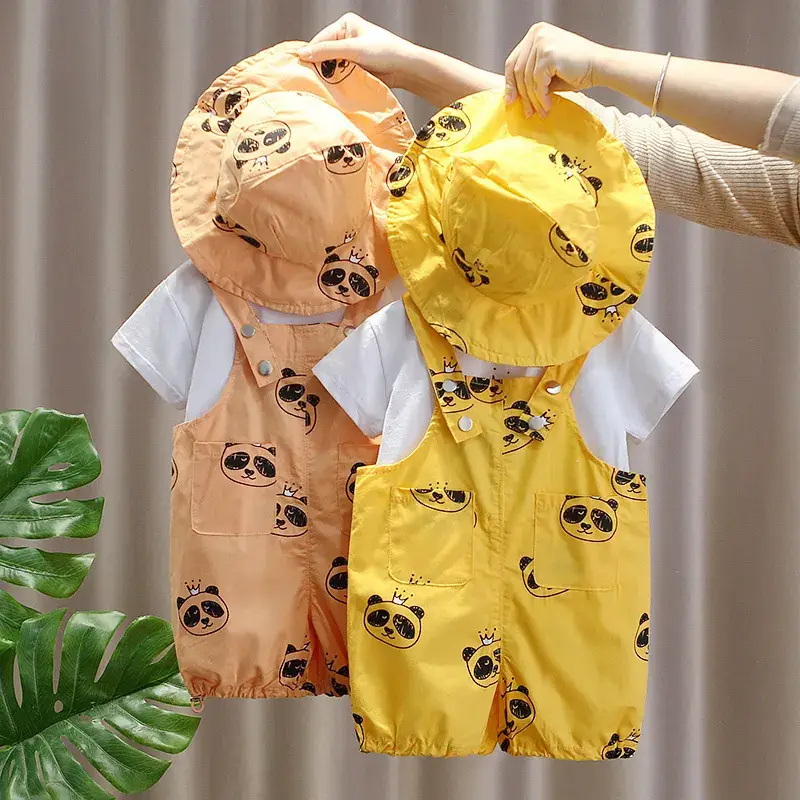 Baby Overthe Gown Shorts Set Yellow Orange Panda Print - Image 6