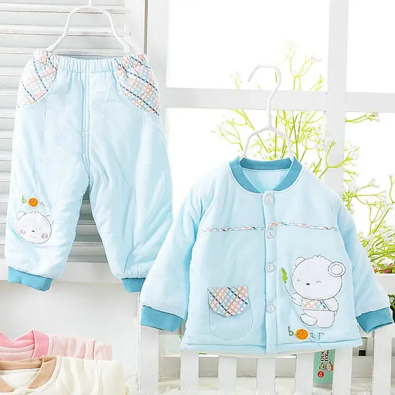Newborn Baby Warm Coat Suit Light Blue Cotton Padded - Image 3