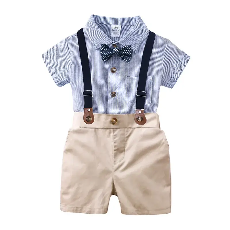 Boys Bow Tie Short Sleeve Shirt With Suspender Pants Set - Image 7