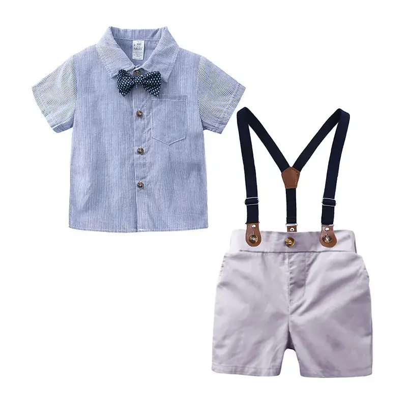 Boys Bow Tie Short Sleeve Shirt With Suspender Pants Set - Image 2