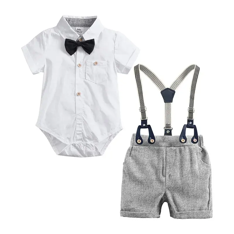 Boys Bow Tie Short Sleeve Shirt With Suspender Pants Set - Image 3