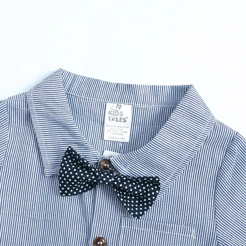 Baby Boys Blue Shirt with Bow & Beige Shorts Set - Image 4