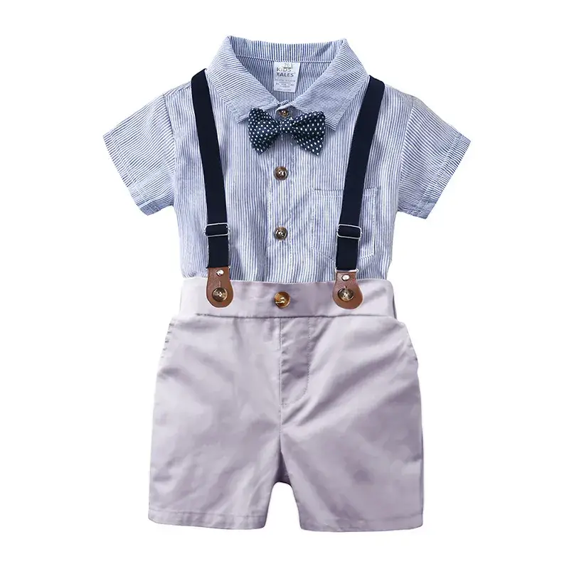 Baby Boys Blue Shirt with Bow & Beige Shorts Set - Image 7