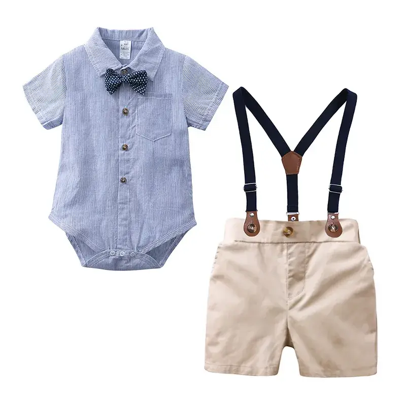 Baby Boys Blue Shirt with Bow & Beige Shorts Set - Image 3