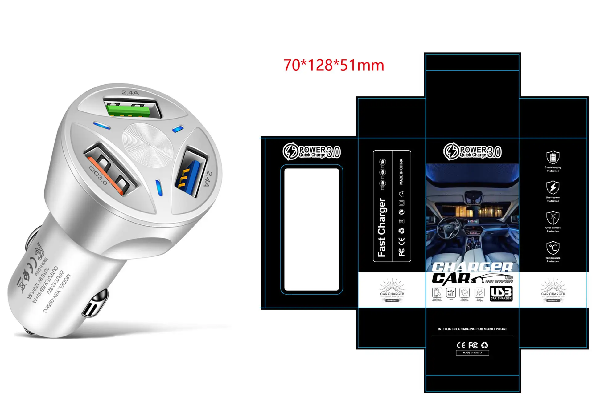 7A3 Usb QC3.0 Car Charger Fast Charging One-to-3 Mobile