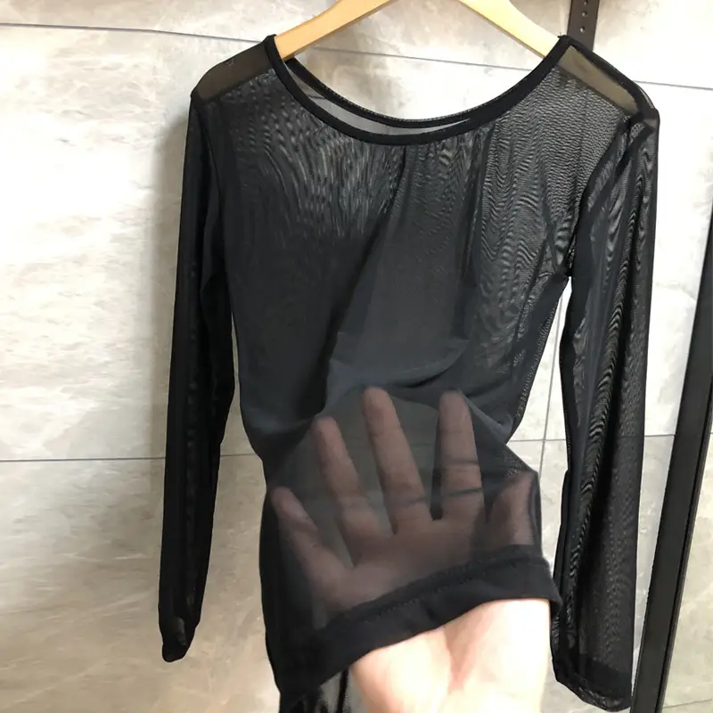 Ultra-Thin Invisible Mesh Top Skin Color Base Shirt Black Perspective - Image 9