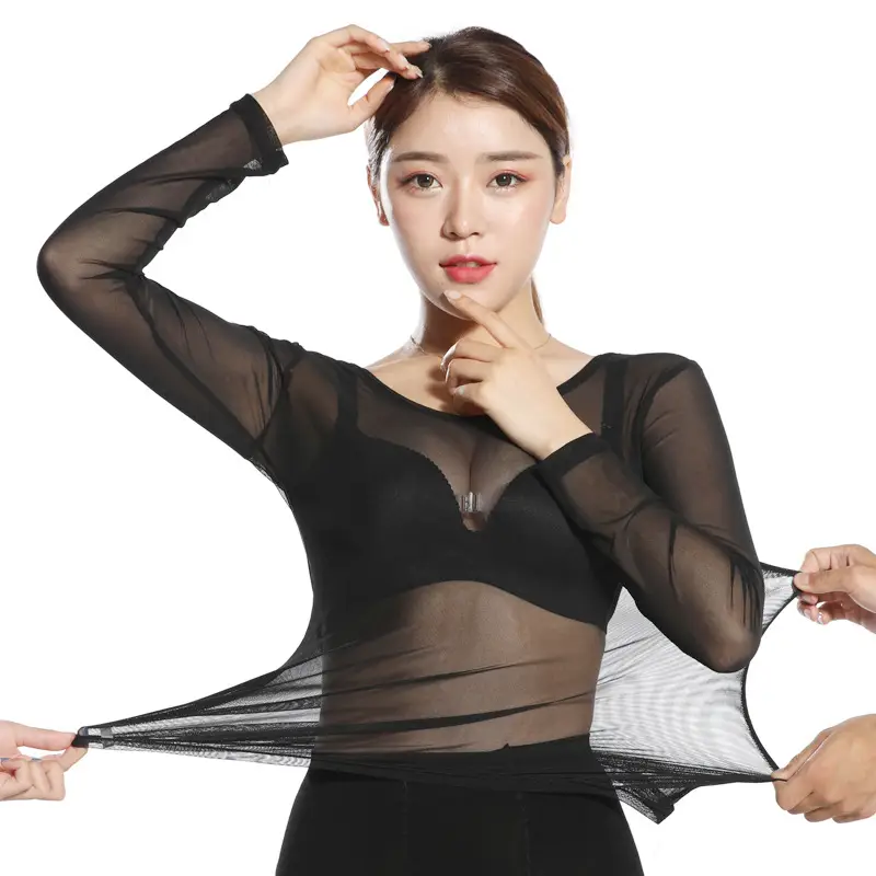 Ultra-Thin Invisible Mesh Top Skin Color Base Shirt Black Perspective - Image 11