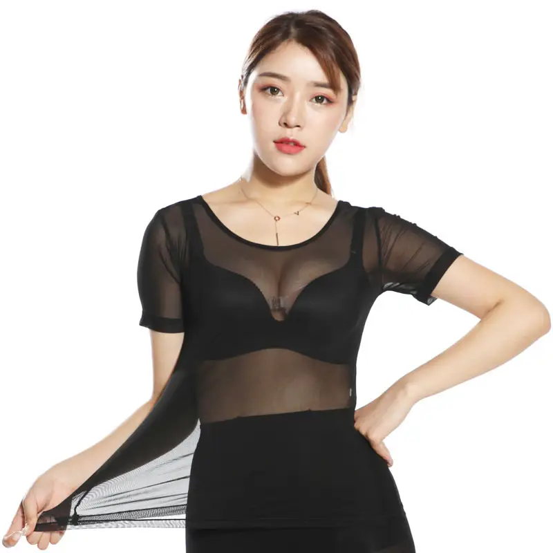 Ultra-Thin Invisible Mesh Top Skin Color Base Shirt Black Perspective - Image 3