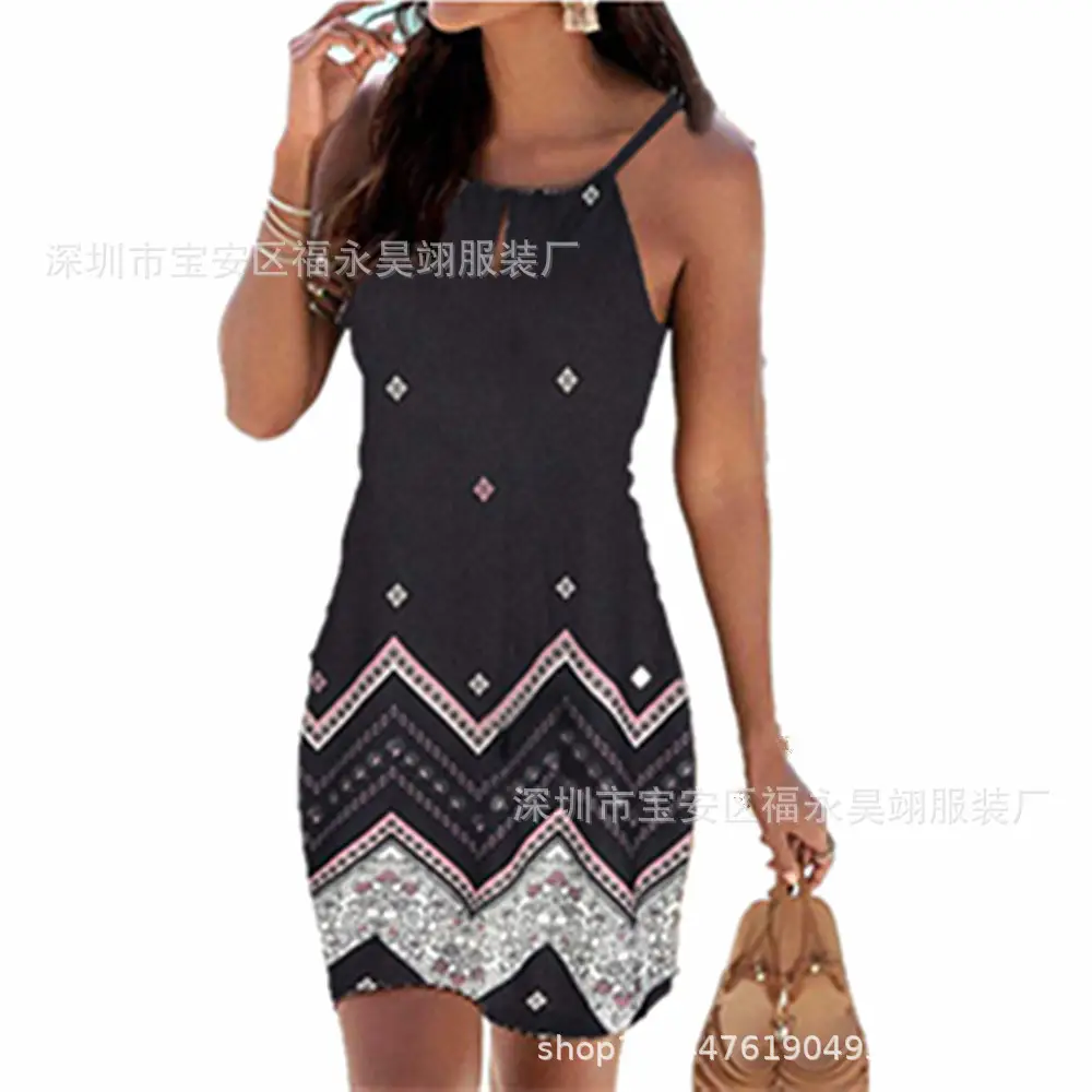 Women's Printed Sleeveless Dress Black Geometric Pattern - Image 3