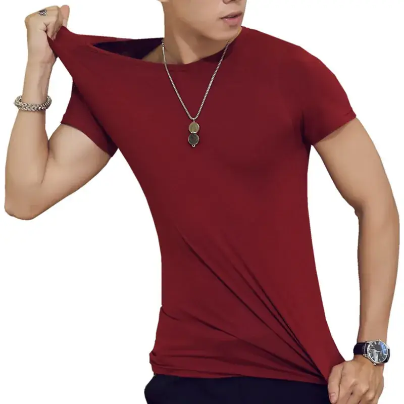 Men's Korean Slim Fit T-Shirt Red Short Sleeve - Image 24