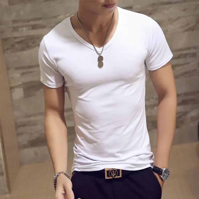 Men's Korean Slim Fit T-Shirt Red Short Sleeve - Image 20