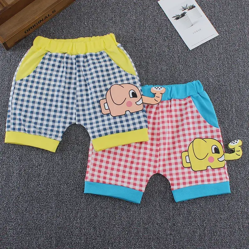 Cartoon Boys Girls Checkered Shorts Blue Trim Summer Casual Pants - Image 5