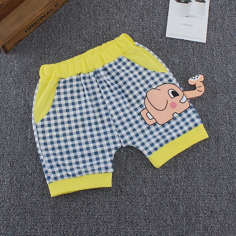 Cartoon Boys Girls Checkered Shorts Blue Trim Summer Casual Pants - Image 2
