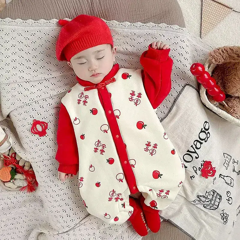 Full Moon Newborn Fleece Lined Baby Jumpsuit Red Cream 100 Days - Image 4