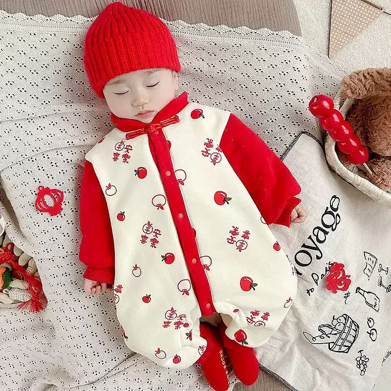 Full Moon Newborn Fleece Lined Baby Jumpsuit Red Cream 100 Days - Image 5