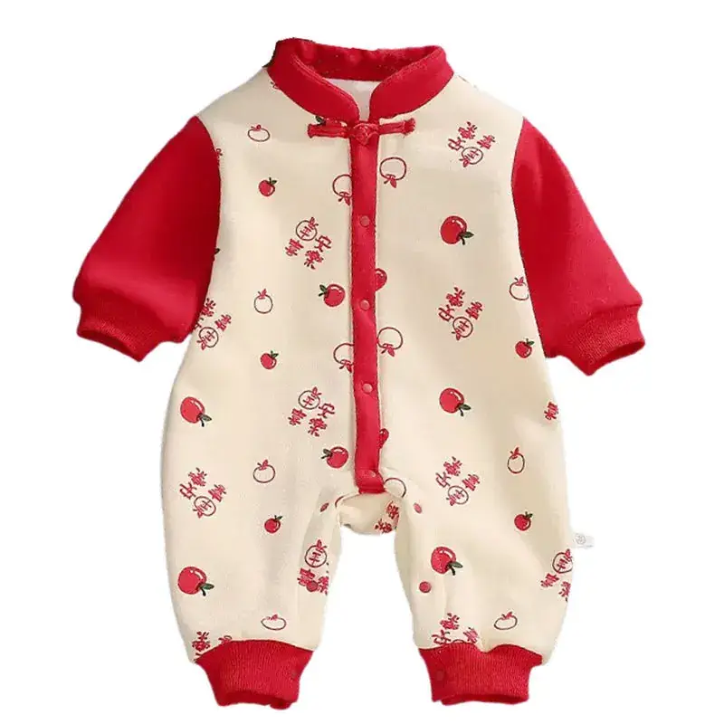 Full Moon Newborn Fleece Lined Baby Jumpsuit Red Cream 100 Days - Image 6