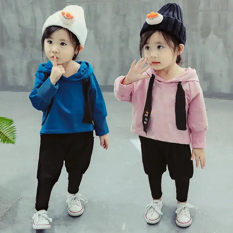 New Korean Style Girls Hoodie Pants Set Pink Blue Spring Autumn - Image 3
