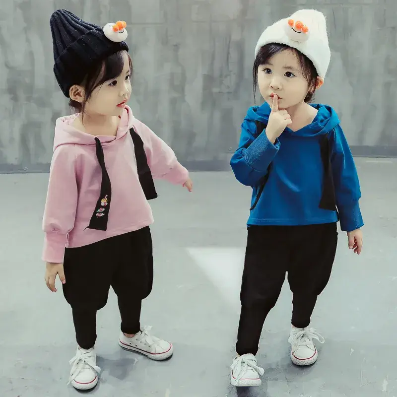 New Korean Style Girls Hoodie Pants Set Pink Blue Spring Autumn - Image 5