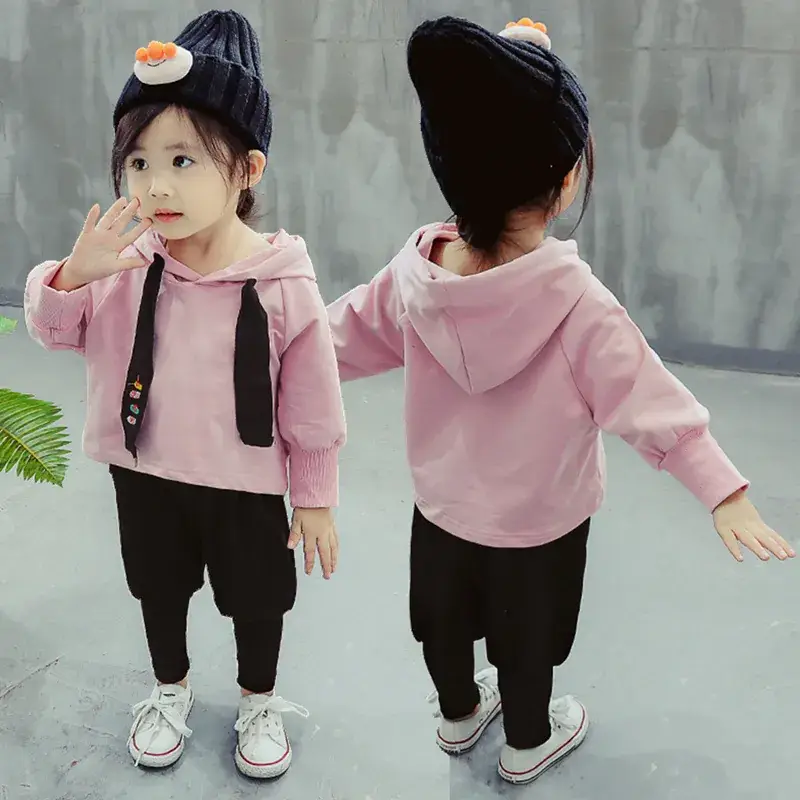New Korean Style Girls Hoodie Pants Set Pink Blue Spring Autumn - Image 2