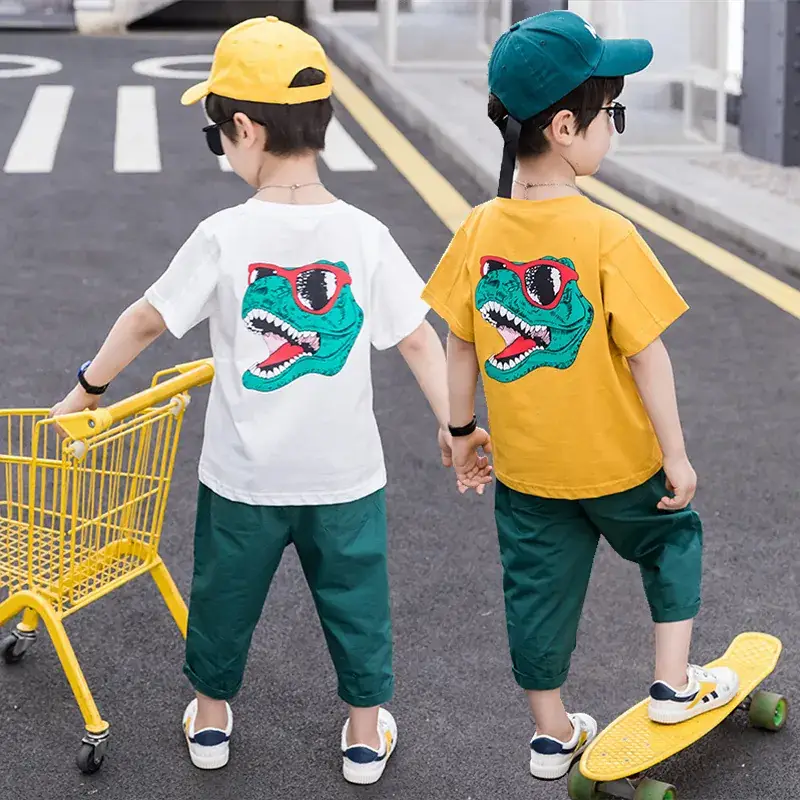 Kids Korean Style T-Shirt Shorts Set Boys Cartoon Green Shorts - Image 4