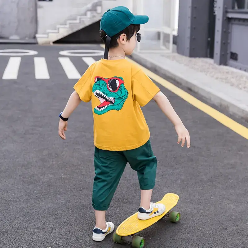 Kids Korean Style T-Shirt Shorts Set Boys Cartoon Green Shorts - Image 6
