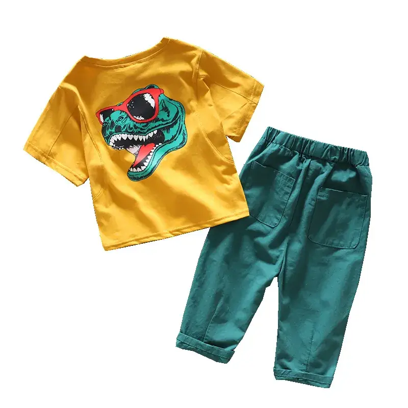 Kids Korean Style T-Shirt Shorts Set Boys Cartoon Green Shorts - Image 7