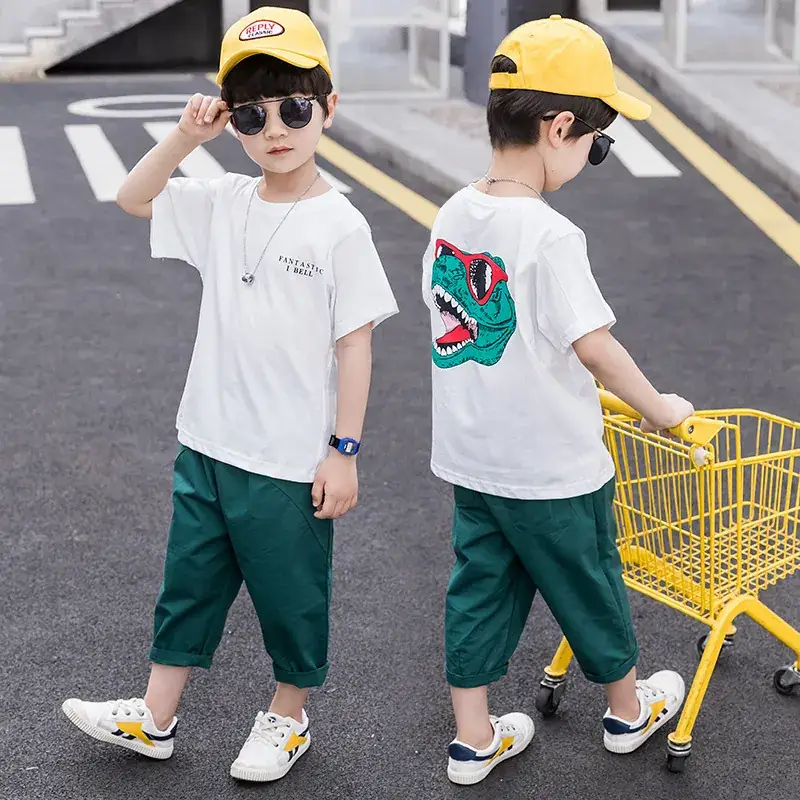 Kids Korean Style T-Shirt Shorts Set Boys Cartoon Green Shorts - Image 2