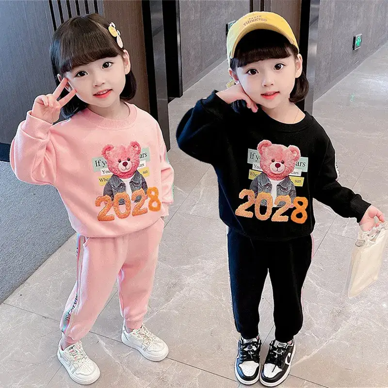 Pink Korean Style Girls' 2-Piece Sweatset 2028 Bear Print - Image 5