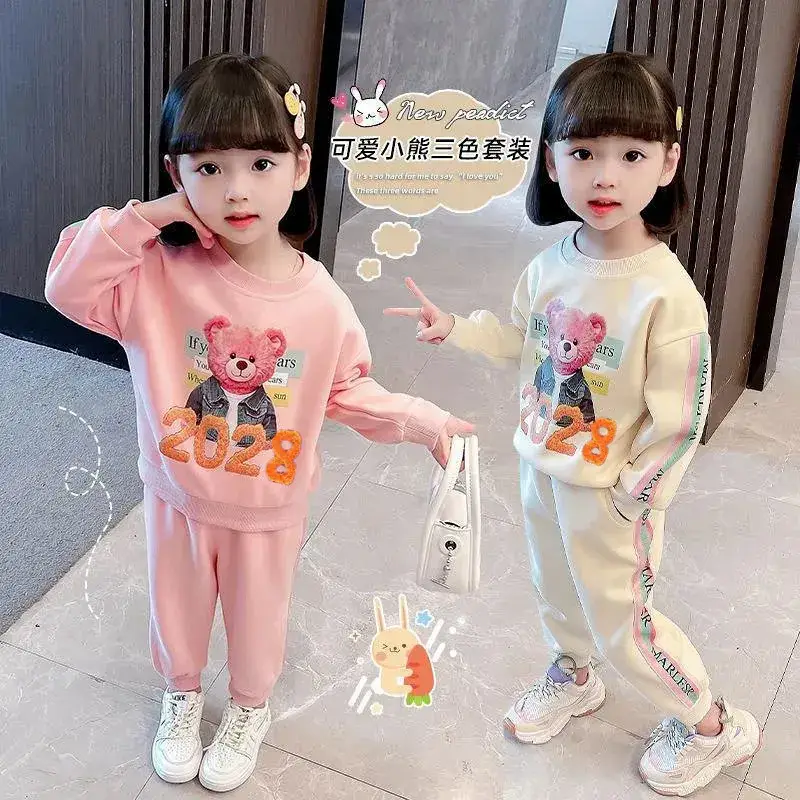 Pink Korean Style Girls' 2-Piece Sweatset 2028 Bear Print - Image 6