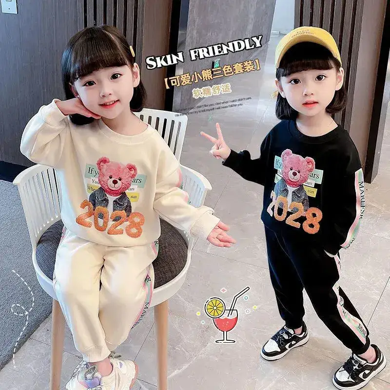 Pink Korean Style Girls' 2-Piece Sweatset 2028 Bear Print - Image 8
