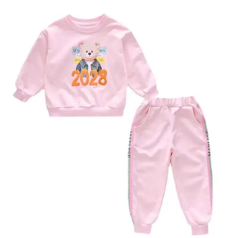 Pink Korean Style Girls' 2-Piece Sweatset 2028 Bear Print - Image 9