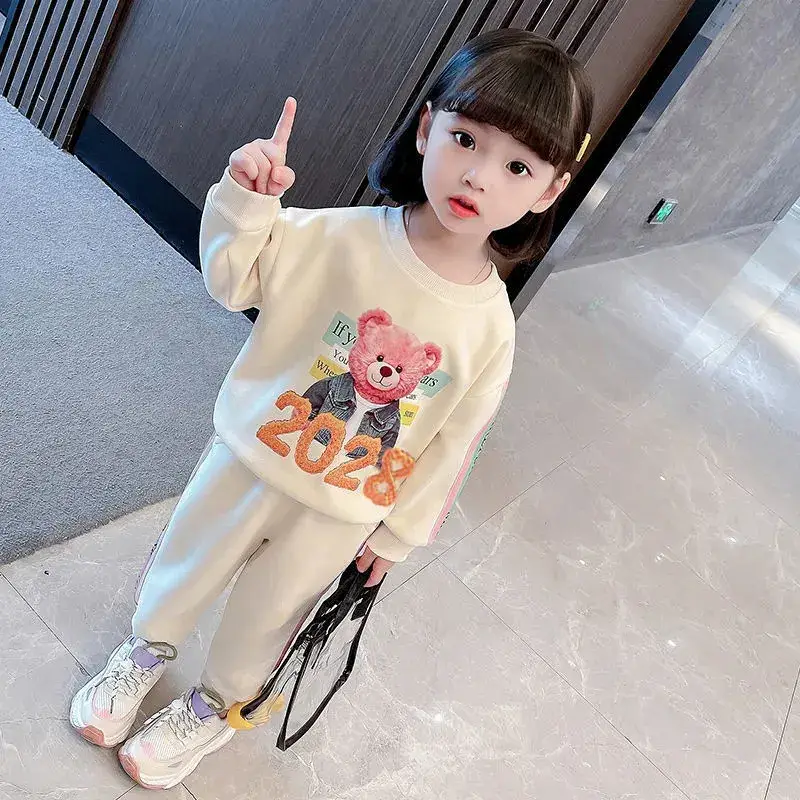 Pink Korean Style Girls' 2-Piece Sweatset 2028 Bear Print - Image 2