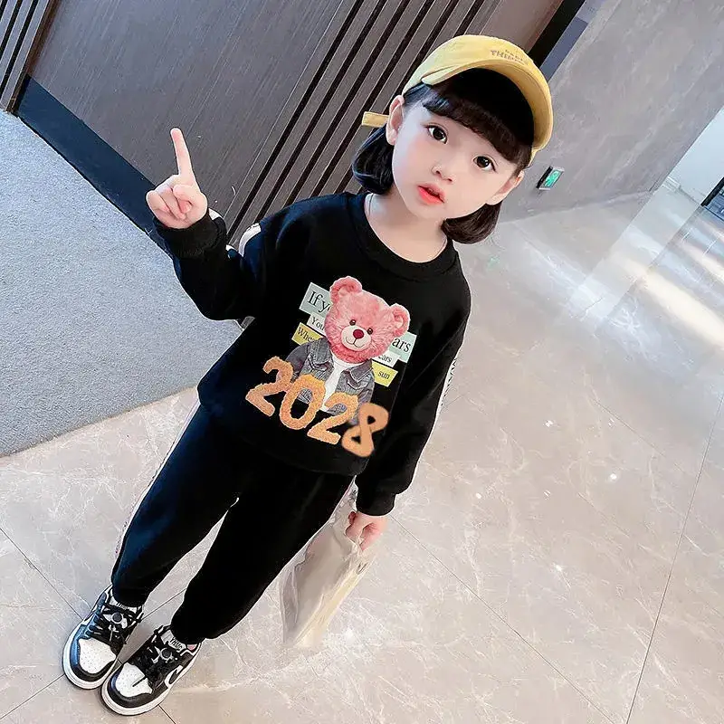 Pink Korean Style Girls' 2-Piece Sweatset 2028 Bear Print - Image 3