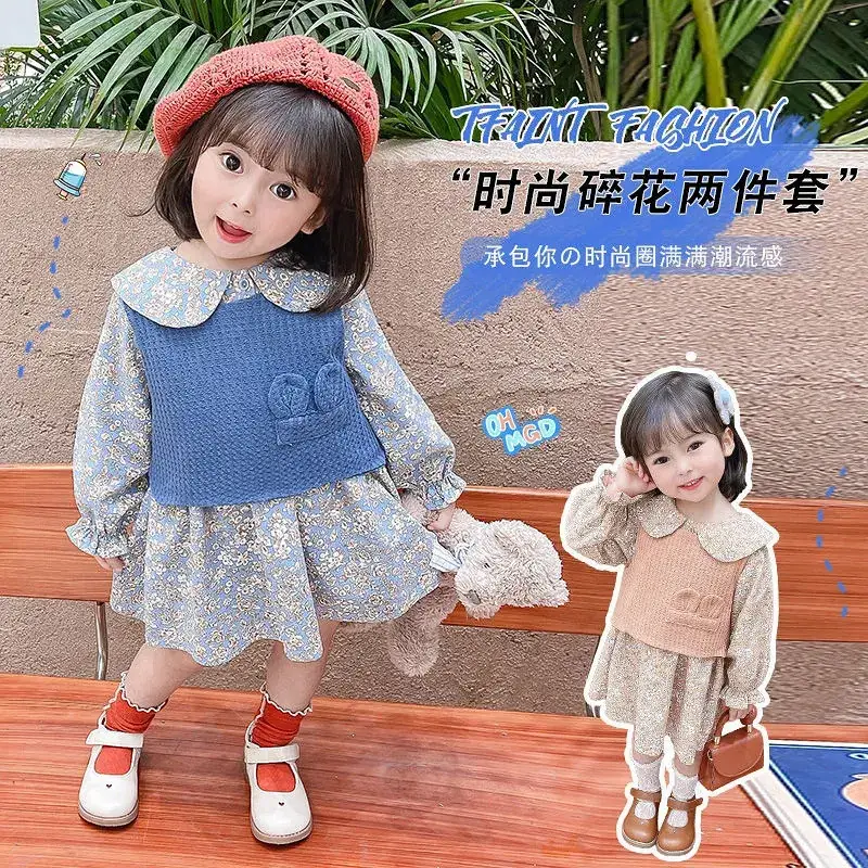 Korean Style Girl's Floral Dress Baby Vest Two-piece Long Sleeve Spring Autumn - Image 4