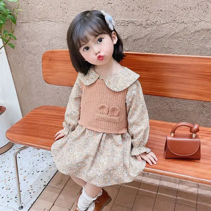 Korean Style Girl's Floral Dress Baby Vest Two-piece Long Sleeve Spring Autumn - Image 6