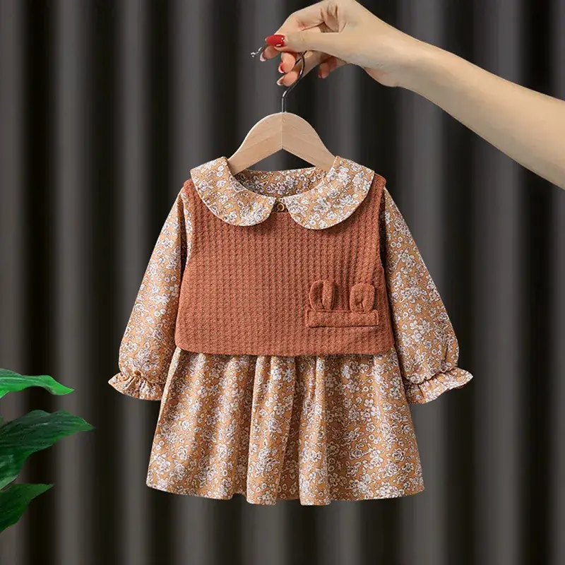Korean Style Girl's Floral Dress Baby Vest Two-piece Long Sleeve Spring Autumn - Image 2