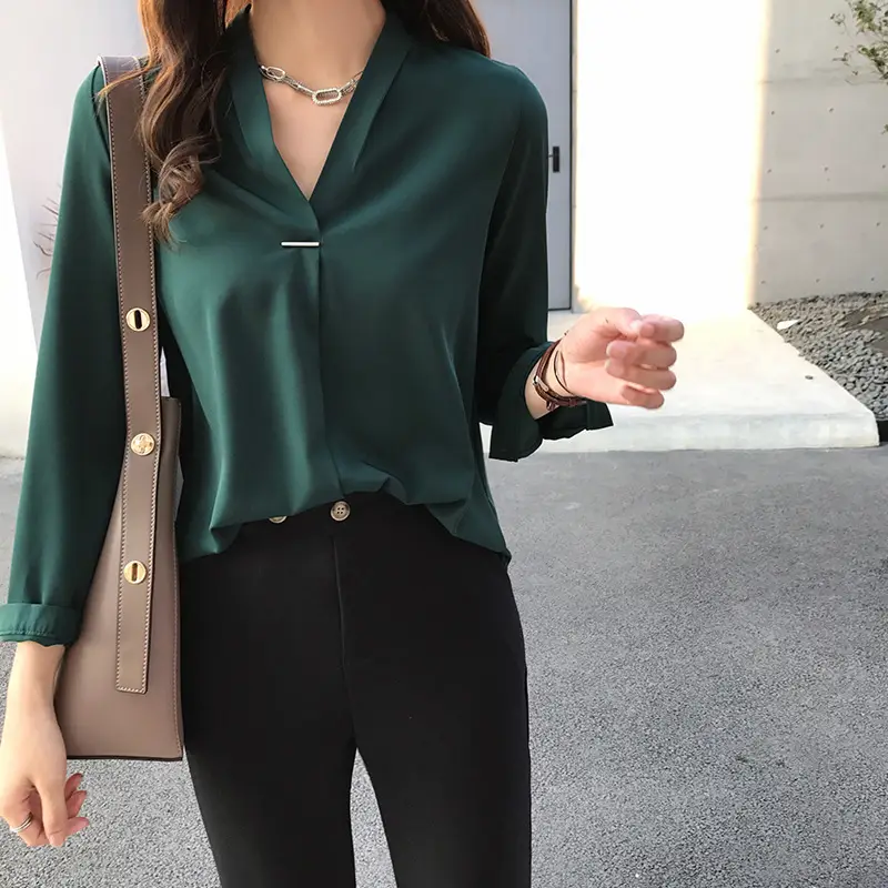 Women V Neck Chiffon Shirt Red Long Sleeve