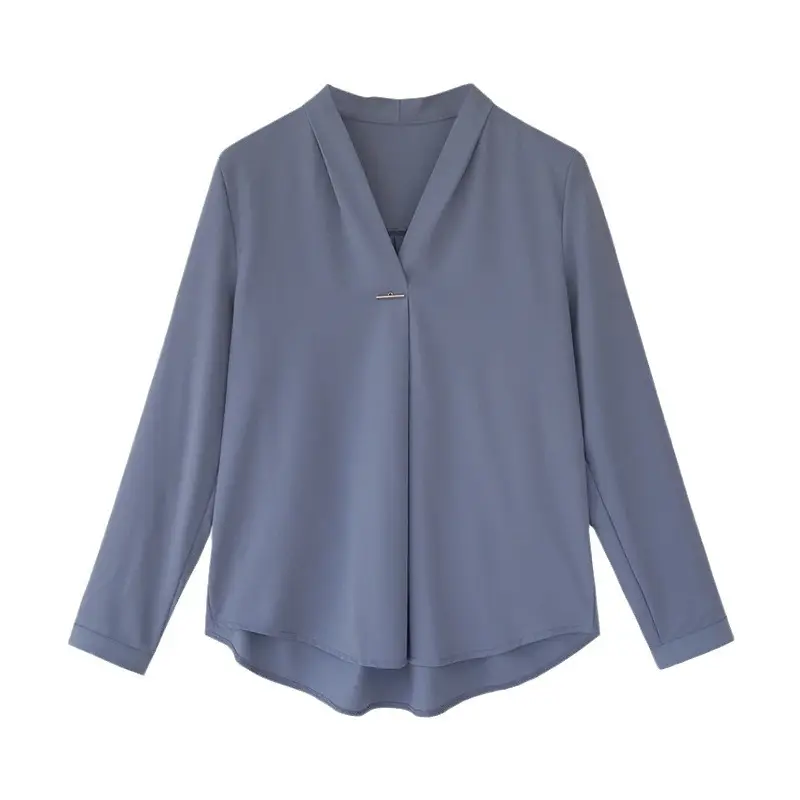 Women V Neck Chiffon Shirt Red Long Sleeve