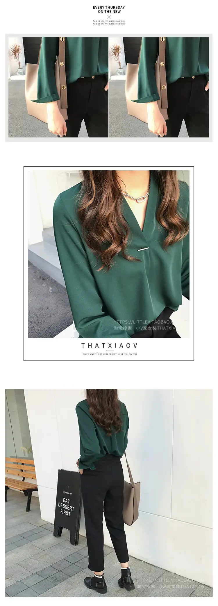 Women V Neck Chiffon Shirt Red Long Sleeve — feature 10